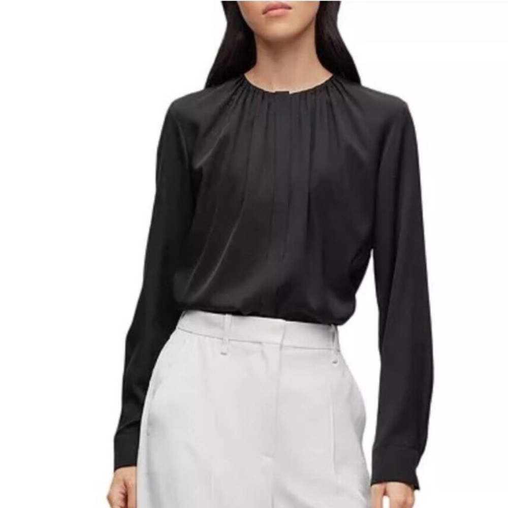 Silk Top Crew Neck pinch-pleat Popover Blouse Ink Black Brown Hue fits 12